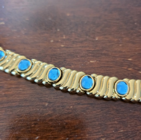 Monet Gold and Blue Necklace with Tribal Design - Picture 7 of 8